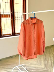 Peach Textured Sheer Panel Button-Down Shirt