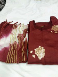 Burgundy Kurti Set with Striped Dupatta