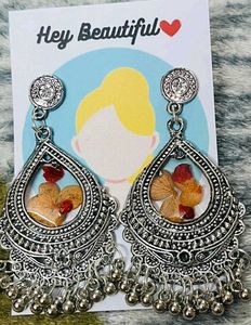 Silver Jhumka Earrings with Real Flower Inlay