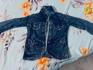 Distressed Denim Jacket with Bow Pockets