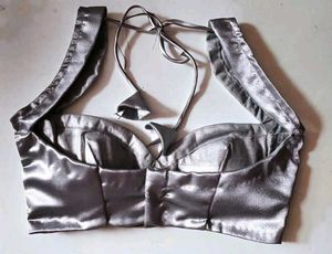 Silver Satin Padded Cut Sleeve Sweetheart Blouse