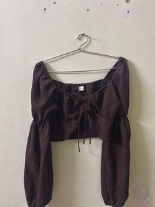 h&m Brown Long Sleeve Crop Top