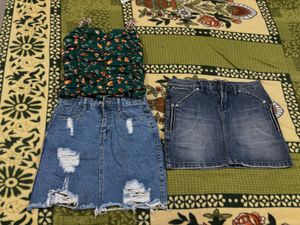 Denim Skirt & Floral Top Set