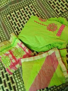 Punjabi Suit With Dupatta Parrot And Pink Combinat