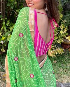 Chic Pink and Green Leheriya Saree with Blouse
