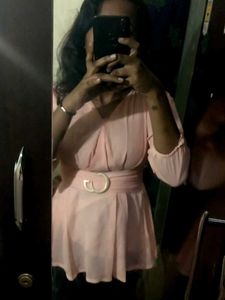 Pink V-Neck Long Sleeve Mini Dress