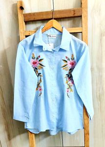 Sky Blue Embroidery Work Cotton Shirt Size-36