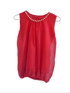 Coral Pink Pearl Top Sleevesless Balloon Rich Look