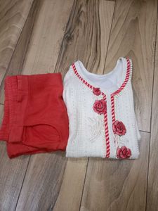 White&amp;Red Embroidered Kurti Set.