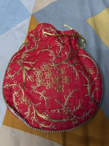 Red &amp; Gold Embroidered Potli Bag