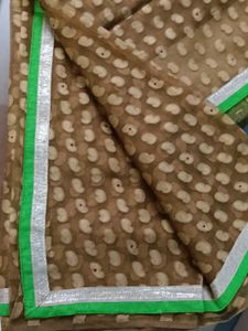 Brown &amp; Green Saree with Unique Print