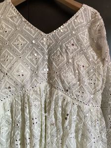 Mirror Work White Anarkali Kurta With Dupatta