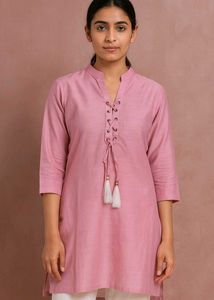Dusty Rose Lace-Up Cotton Kurti with Tassels