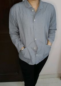 Women Grey Formal Pockets Button Down Shirt