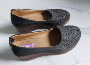 Black Embellished Wedge Flats