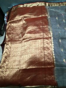 GentlyUsed LanchiPattu GreySaree with maroon blous