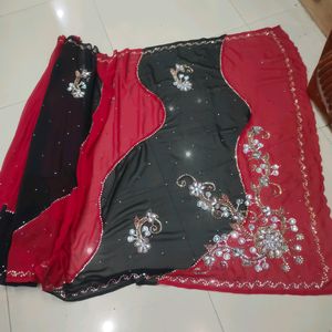 red and black party wear heavy work saree