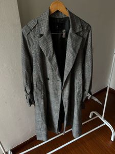 Plaid Grey Check Double Breasted Trench Coat