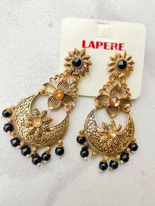 Gold Plated Black Kundan Antique Earrings/Jhumka