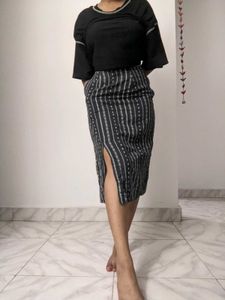 Pencil Midi Skirt With Front Slit And Pocket