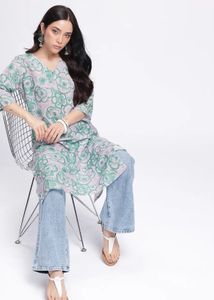 floral printed v neck green kurta
