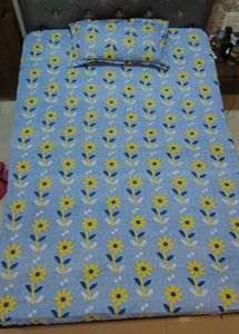 Single Bedsheet With One Pillow Cover (Colors- Blue) Design- Flowers.