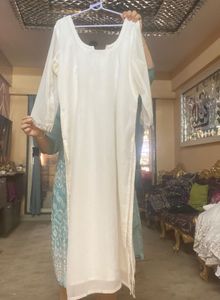 White Chiffon Long Kurta With Mute Gold Enhancemen