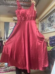 Pure Japan Satin Rose Red Floor Length Flowy Gown