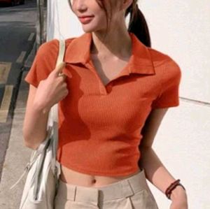 Ribbed Crop Polo Shirt - Retro Style