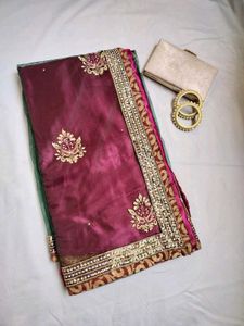 Maroon &amp; Green Embroidered saree