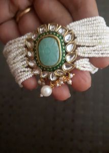 Kundan And Pearl Choker Set In Pista Green Colour