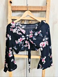 Black Printed Cotton Crop Top Size-28-30