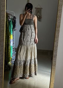 Brown&amp;Beige Printed Tiered Maxi Dress