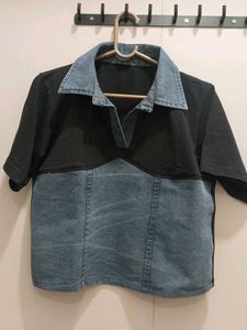 Imported Crop Two-Tone Denim & Knit T