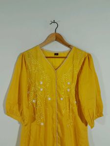 Yellow Embroidered Tunic Top For Women&#39;s