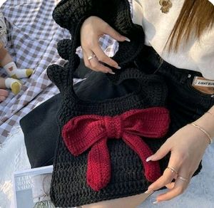 Pretty Black And Red Bow Crochet Handbag