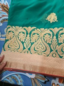 Green &amp; Gold Embroidered Saree