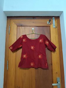 Elegant Maroon Blouse Navy Blue Skirt Set