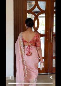 Organze Baby Pink Saree With Rani Blouse
