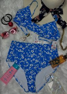 Blue Floral High-Waisted Bikini Set