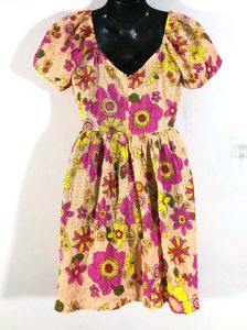 A Line Multicolour Dress With Puff Sleeves