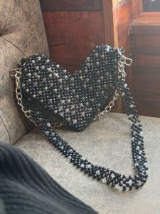 Heart shape Black And White Beaded Bag