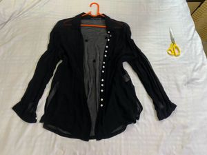 Black Sheer Button-Up Top With Sequins Size M-L