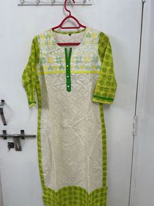 Beautiful White Kurti With Green Embroidery