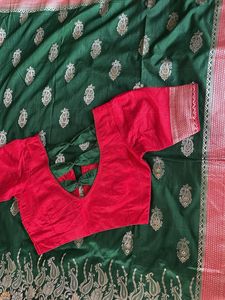 Green Banarasi Saree with Red Blouse