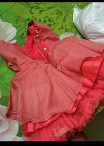 Watermelon Color Rich Look Silk Frock  With Golden Thread Work In The Neck
