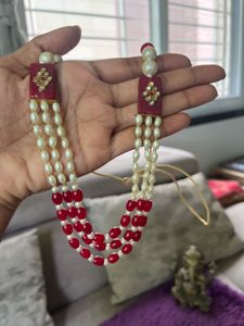 Red &amp; Pearl Beaded Necklace &amp; Earrings Set