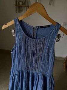GOA PARIS Blue Linen Cotton Fit&amp;Flare MAXI