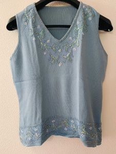 Blue Beaded Sleeveless Top