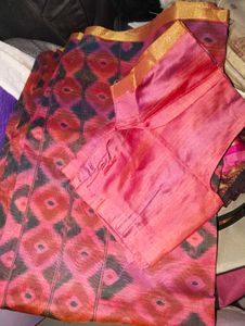 Pink &amp; Green Ikat Print Saree with Golden Border